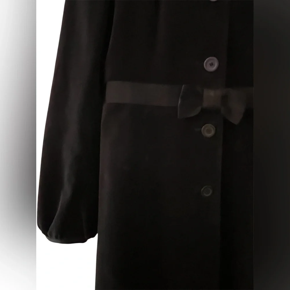 LOFT Black Velvet Coat Women’s 4 Bow Waist Ribbon Trim Vintage Holiday Classic